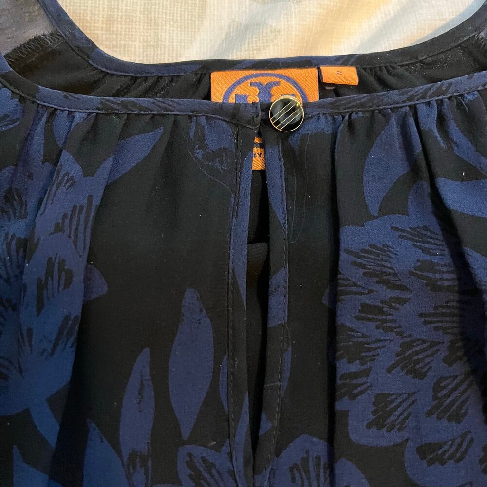 Tory Burch black blue floral silk long sleeve blouse women size 2 - Picture 5 of 9